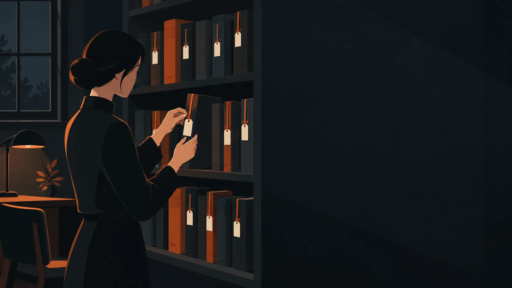 窓を閉めた静かな書庫で、本にしおりの札を結びつけている人の絵