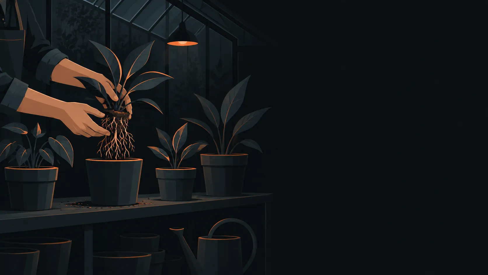 根を広げた鉢植えを、ほかの鉢と絡まないよう別の鉢へ移す庭師の絵