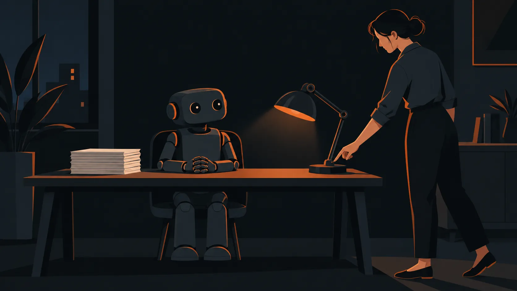 仕事を終えて座ったまま待つロボットと、歩み寄って机の明かりを消す人
