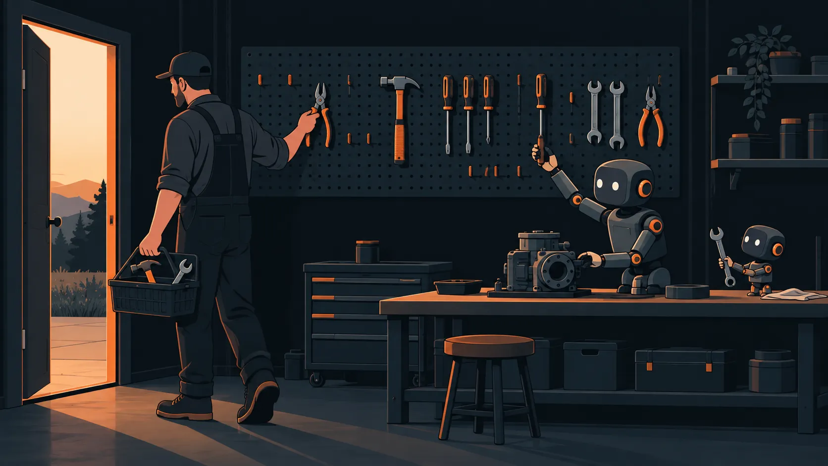 壁の道具掛けから決まった道具を一つずつ外して運び出す人と、残った道具で作業を続けるロボットたち
