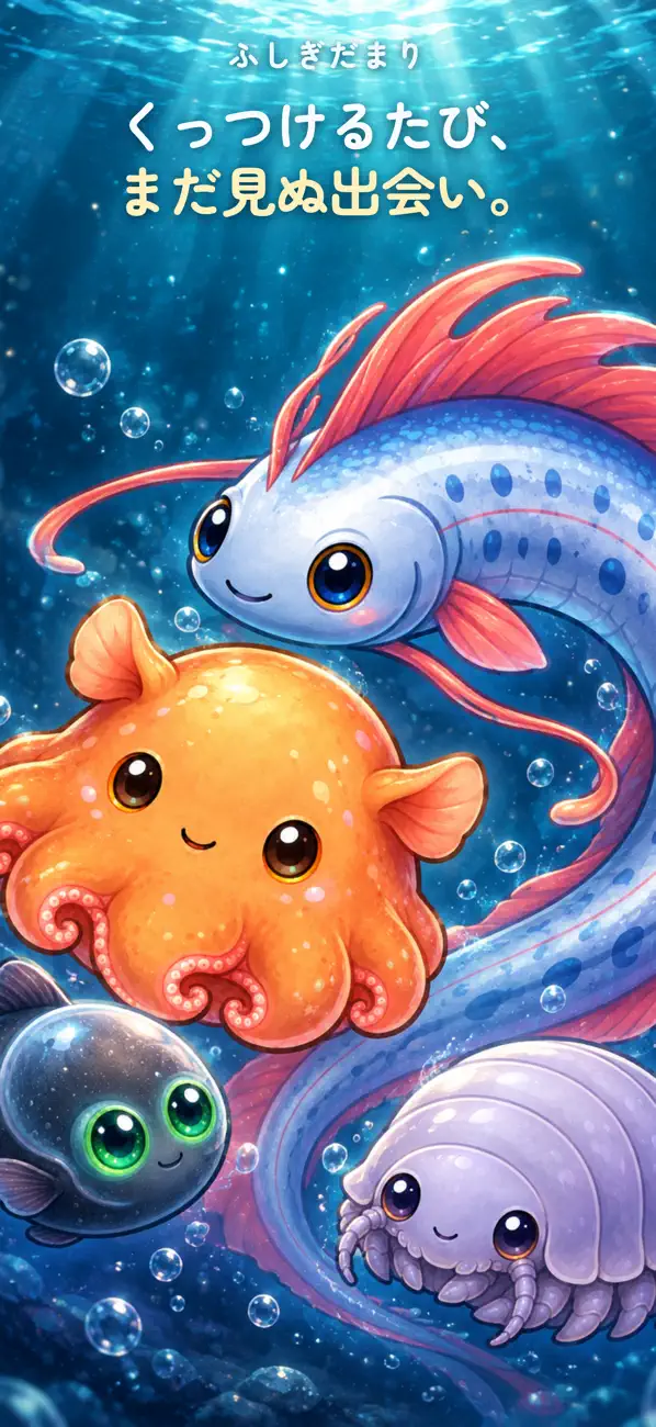 ふしぎだまりの紹介ビジュアル。深海の生き物たちと「くっつけるたび、まだ見ぬ出会い。」のメッセージ。