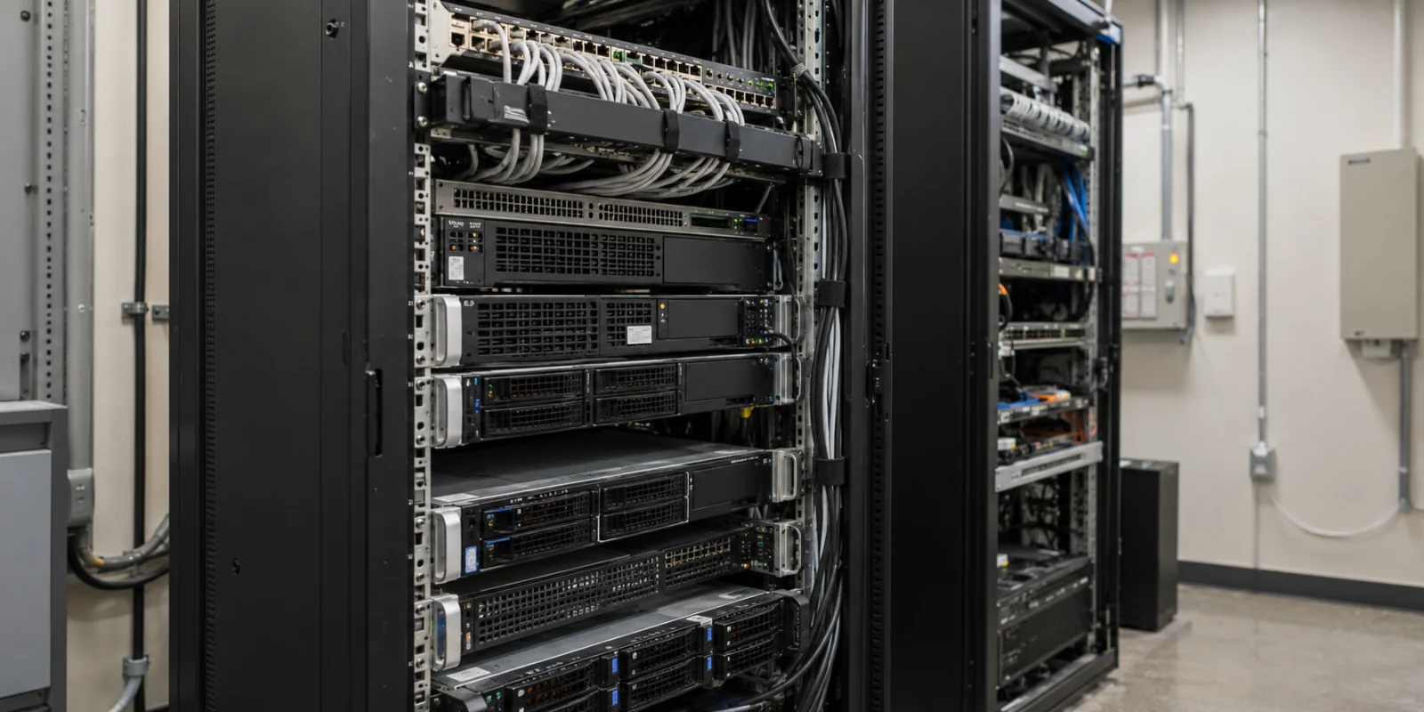 業務システムの稼働を支えるサーバー機器と配線を収めた小規模ラック（イメージ）